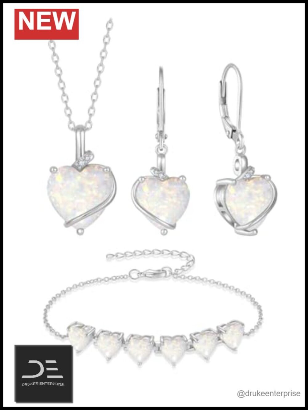 Opal Jewelry Set, Heart Shaped Birthstone Necklace Earrings Bracelet, Rhodium